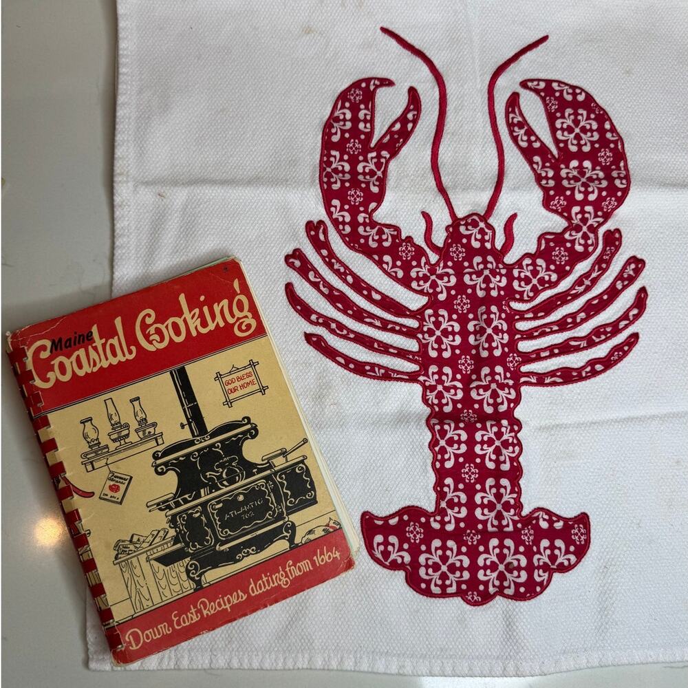 Vintage "Maine Coastal Cooking" Cookbook and Lobster Towel LOT Copyright 1963